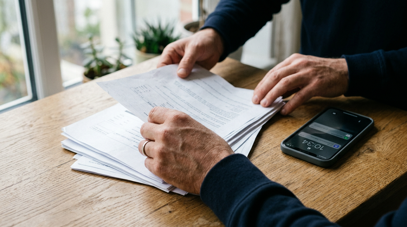 Documentos e celular sobre a mesa, material usado para comprovar renda de aplicativo no financiamento