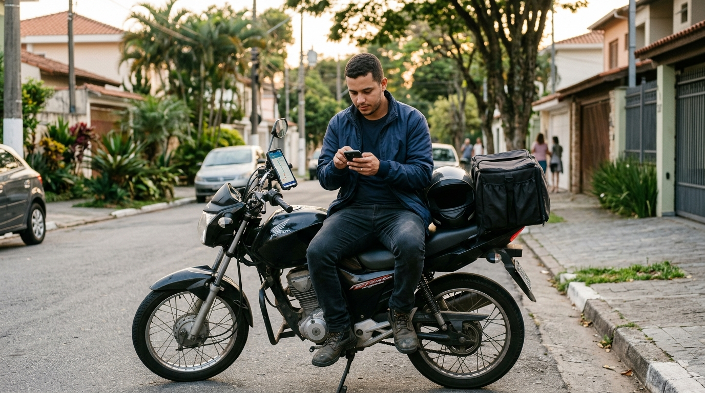 Entregador de aplicativo conferindo o celular na moto, etapa de gerar o extrato de ganhos