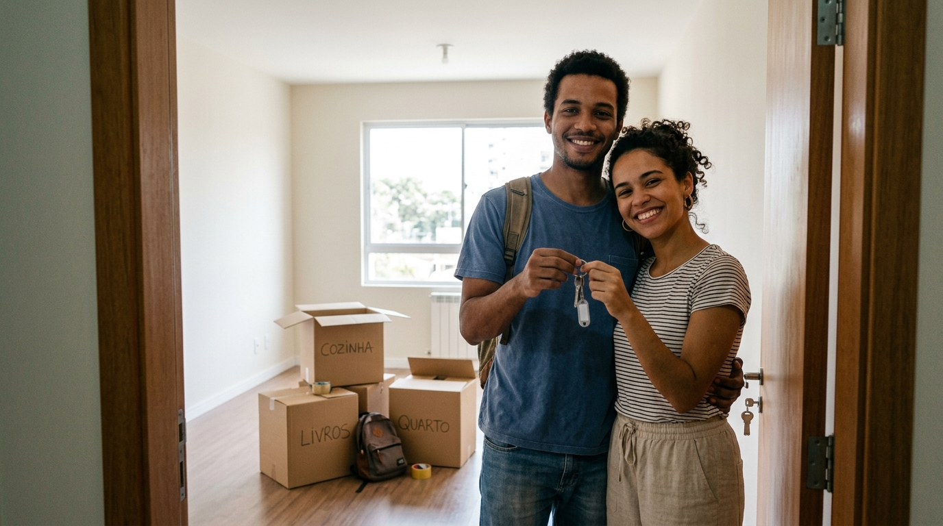 Casal jovem recebendo as chaves do primeiro apartamento comprado pelo Minha Casa Minha Vida