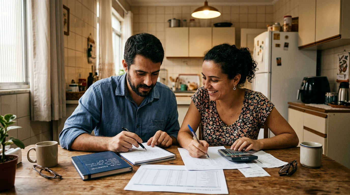 Casal calculando a parcela do financiamento para motorista de aplicativo na mesa da cozinha