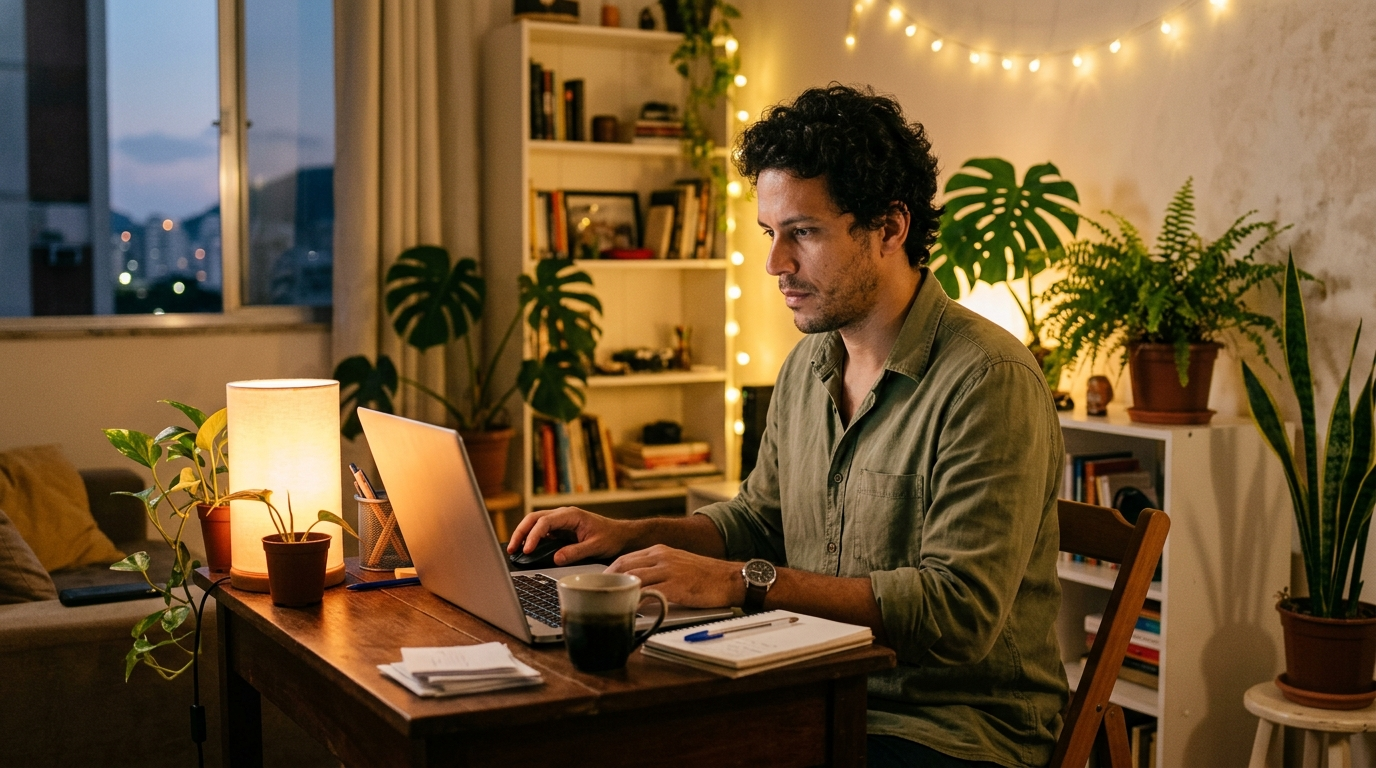 Trabalhador de aplicativo fazendo simulação de financiamento no computador em casa