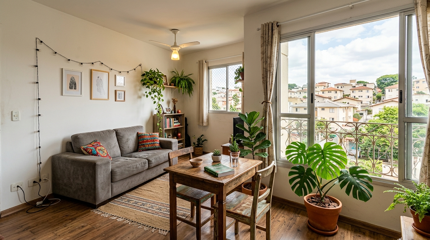 Sala de apartamento compacto mobiliado, imóvel dentro da Faixa 1 do Minha Casa Minha Vida