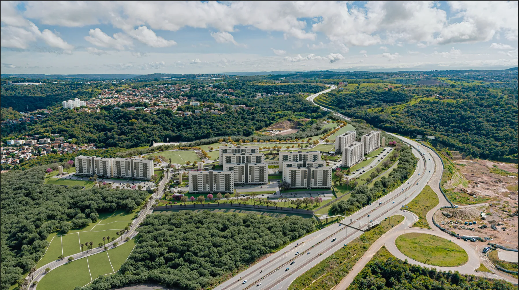 Vista aérea ilustrativa do bairro planejado em Lagoa Santa às margens da MG-010
