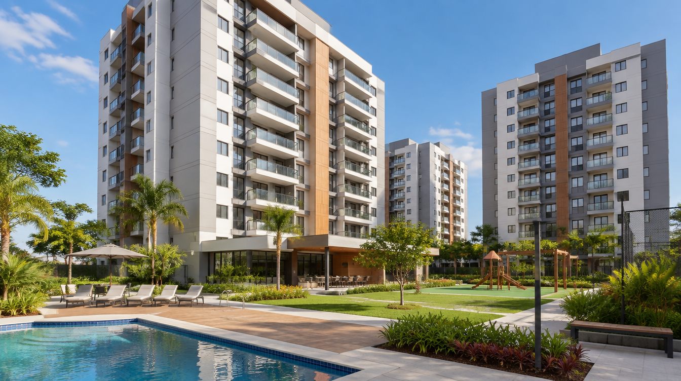 Condomínio residencial novo, elegível ao financiamento da Faixa 4 do Minha Casa Minha Vida