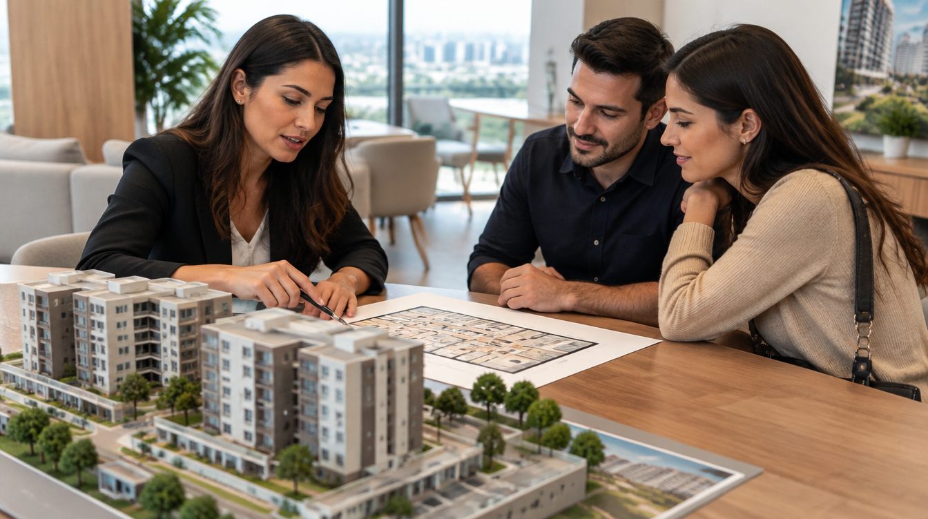 Consultora explica a planta do apartamento para casal interessado no financiamento Faixa 4