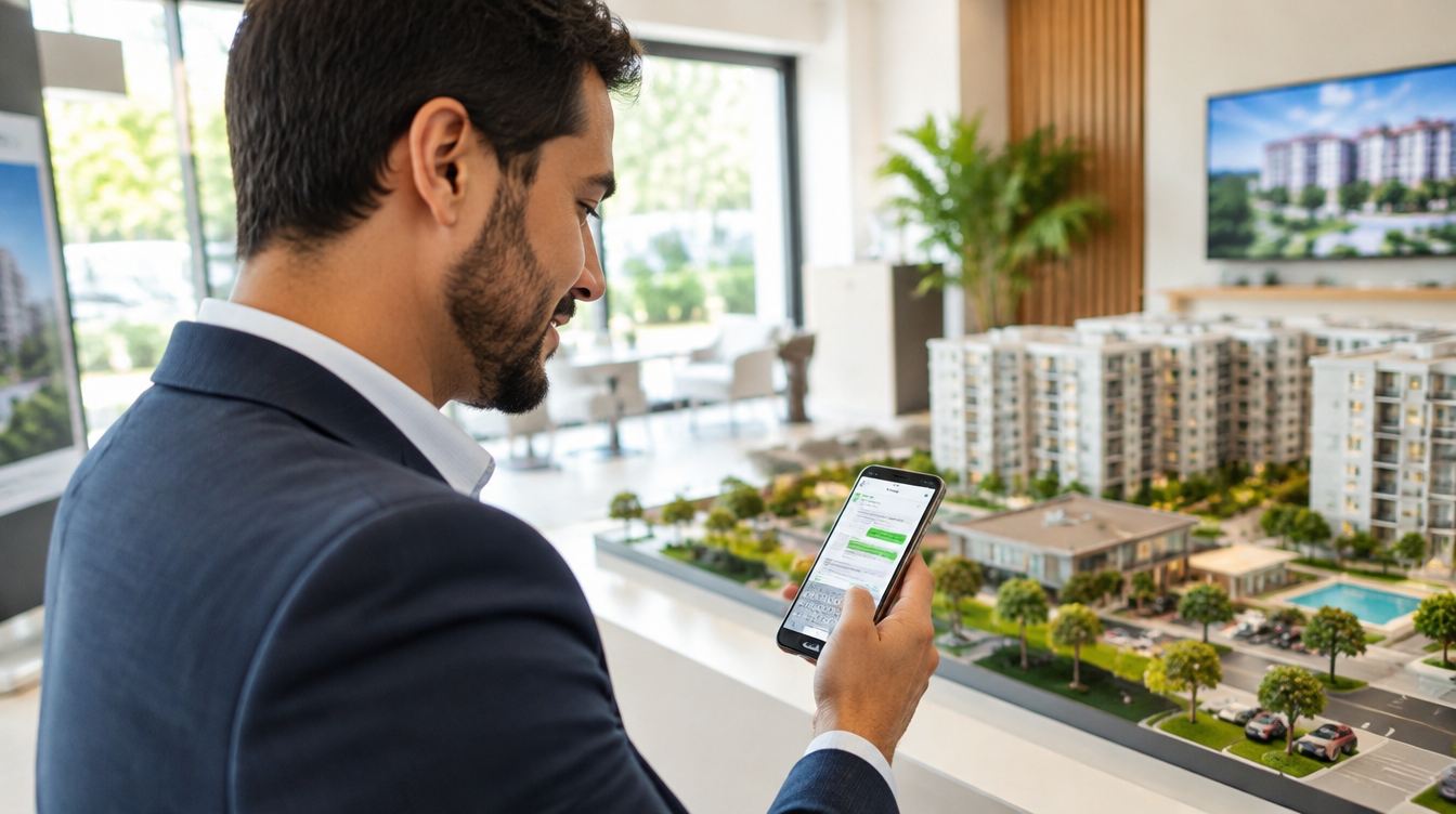 Corretor atende cliente pelo celular em estande de vendas, atendimento com IA no mercado imobiliário
