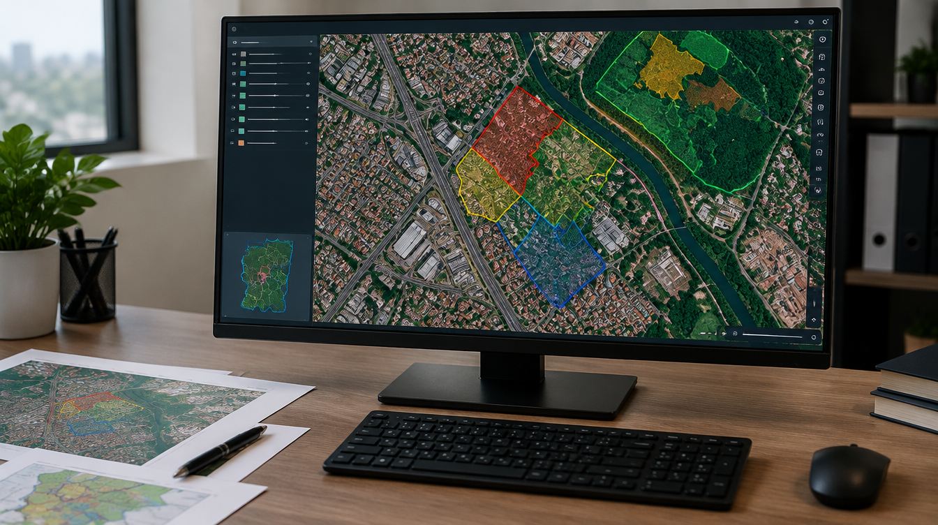 Mapa de satélite com camadas de dados para análise de terrenos com IA no mercado imobiliário