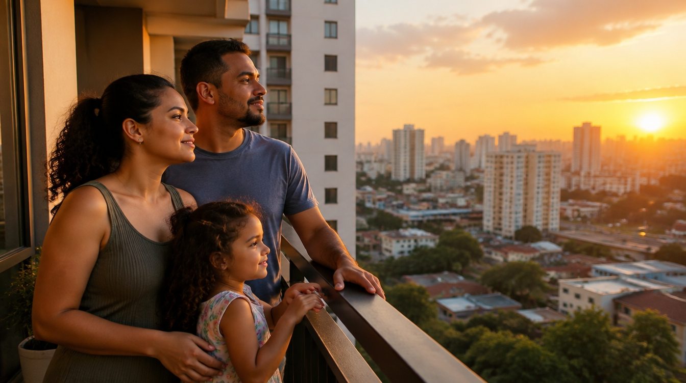 Família na varanda do apartamento novo, retrato de quem planeja comprar pelo Minha Casa Minha Vida 2027