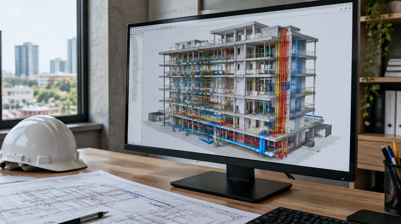 Modelo BIM 3D de prédio residencial com instalações, exemplo de tecnologia na construção civil