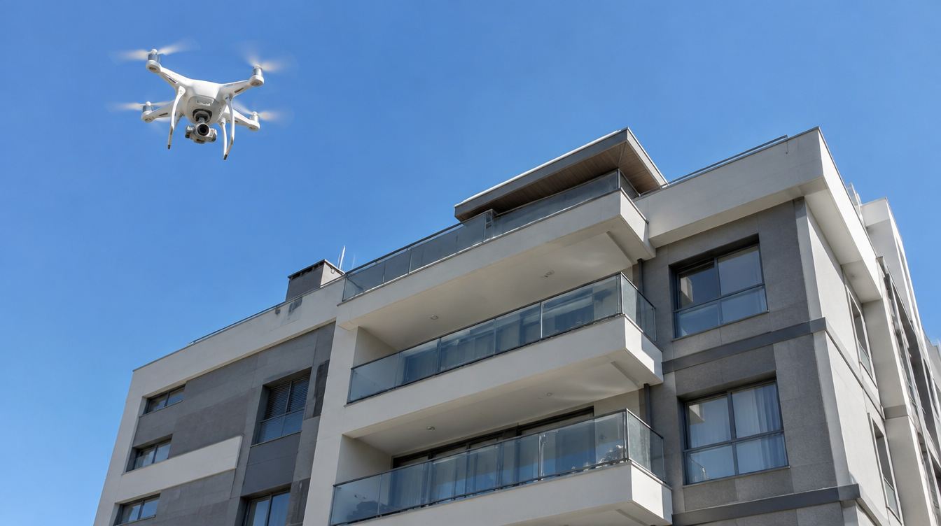 Drone inspeciona fachada de prédio residencial, tecnologia na construção civil para controle de qualidade
